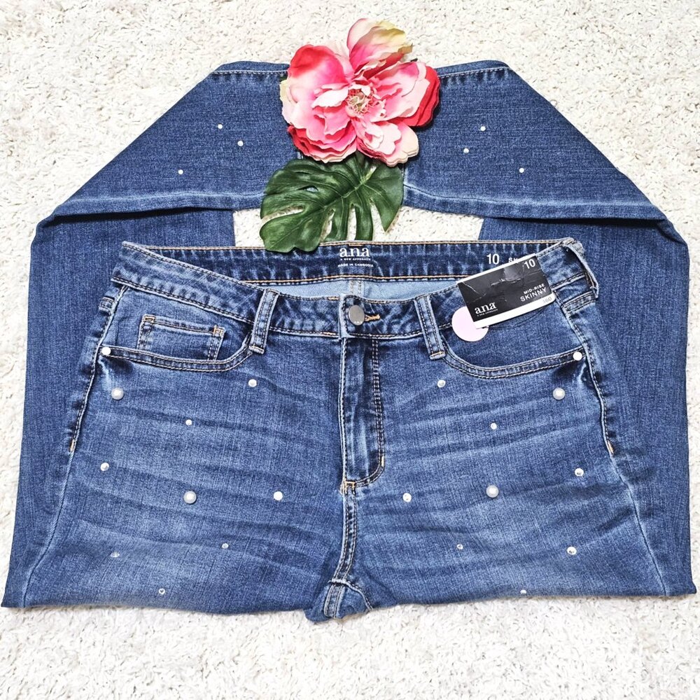 a.n.a. Denim Jeans with Pearls & Rhinestones. Mid-Rise Skinny, Size 10. NWT. - Picture 15 of 16